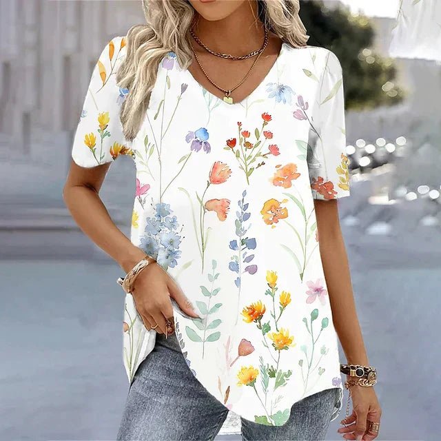 Women's Floral Blouses V Neck Short Sleeve Relaxed Flowing Tunic Style