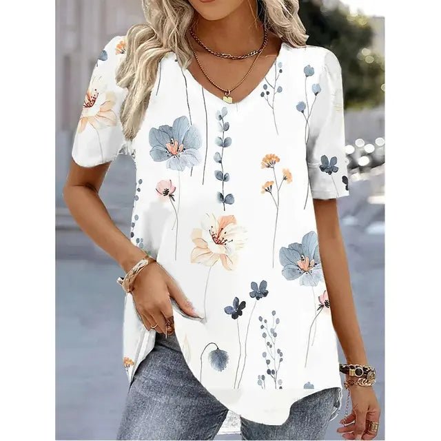 Women's Floral Blouses V Neck Short Sleeve Relaxed Flowing Tunic Style
