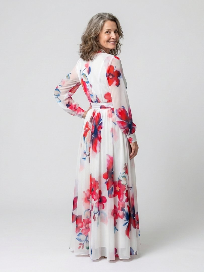 Women's Wedding Guest Dress V Neck Long Sleeve Floral Wrap Maxi Formal Style