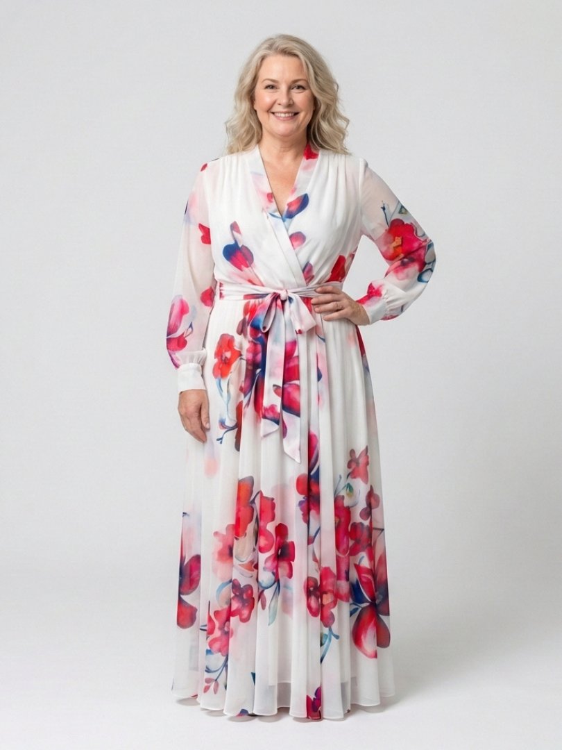 Women's Wedding Guest Dress V Neck Long Sleeve Floral Wrap Maxi Formal Style