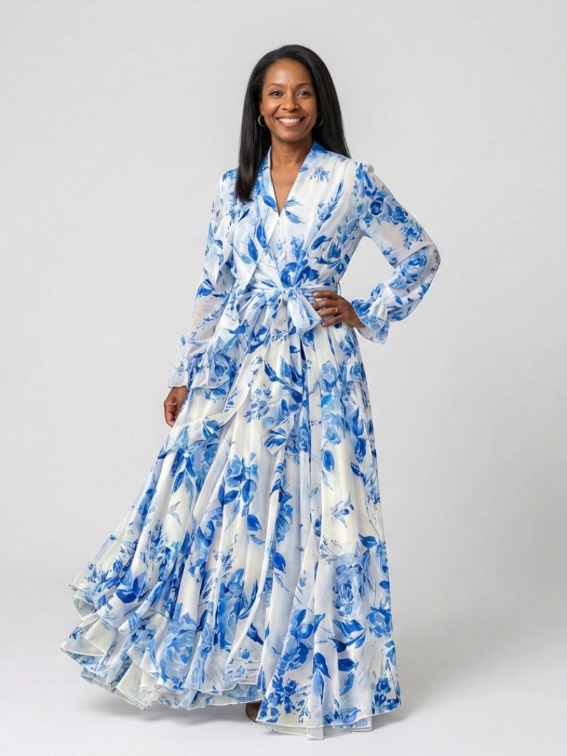 Women's Wedding Guest Dress V Neck Long Sleeve Floral Wrap Maxi Formal Style