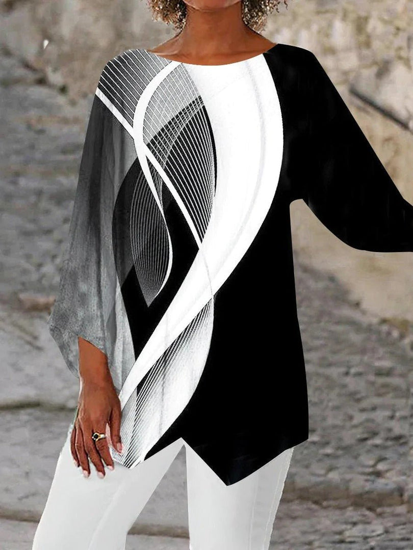 Women's Black and White Tunics Geometric Print Asymmetric Hem Long Sleeve