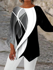 Women's Black and White Tunics Geometric Print Asymmetric Hem Long Sleeve