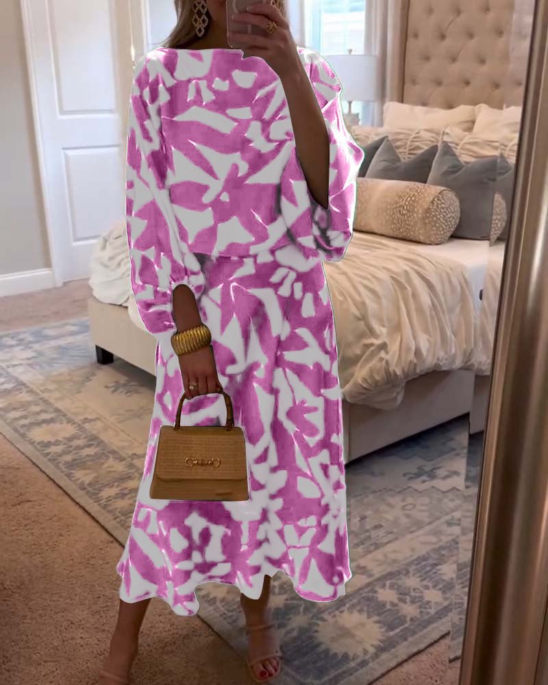 Women's Printed Skirt Set Round Neck Kimono Sleeve Relaxed Two Piece Style