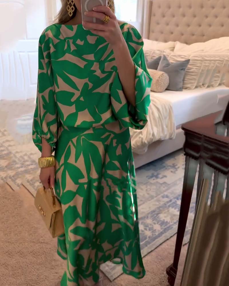 Women's Printed Skirt Set Round Neck Kimono Sleeve Relaxed Two Piece Style