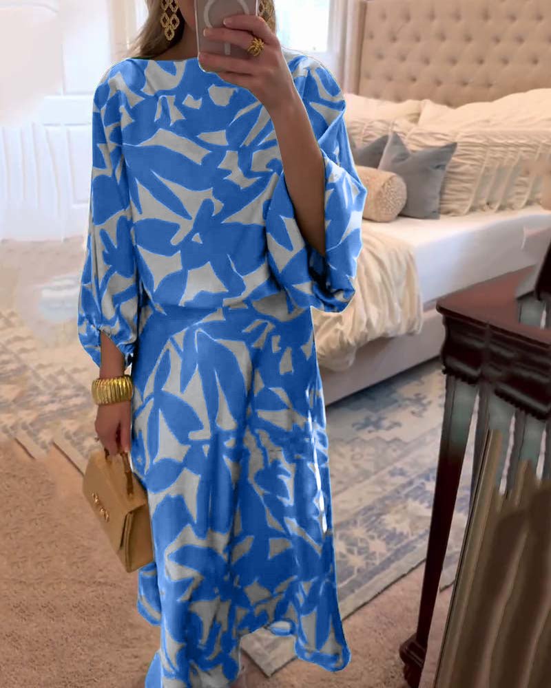 Women's Printed Skirt Set Round Neck Kimono Sleeve Relaxed Two Piece Style