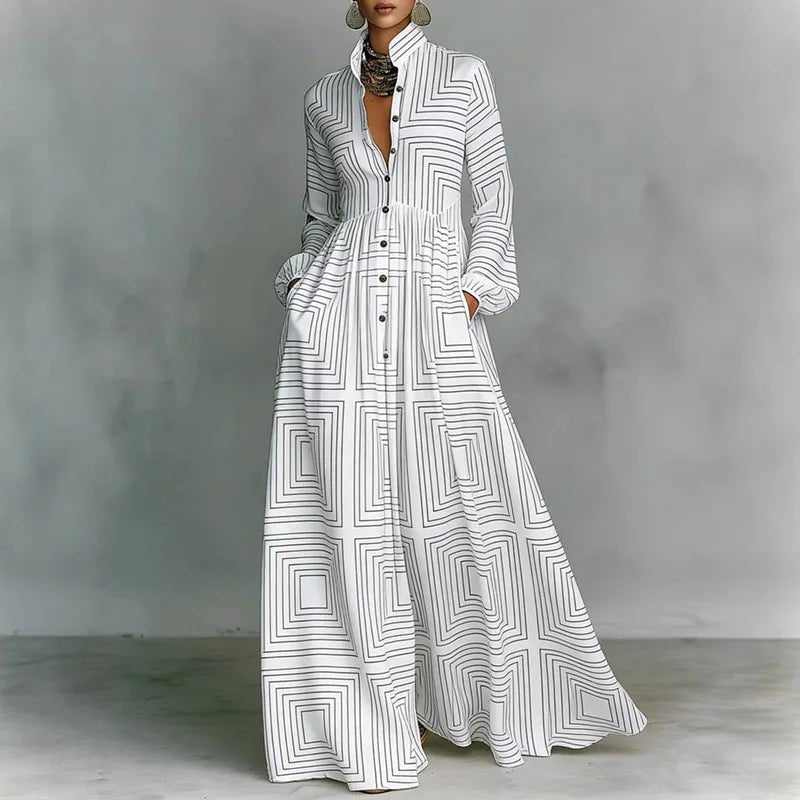 Women's Printed Maxi Dress Stand Collar Long Sleeve Button Front High Waist Bohemian Style