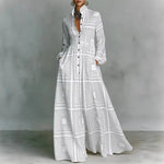 Load image into Gallery viewer, Women's White Printed Maxi Dress Stand Collar Long Sleeve Button Front High Waist Bohemian Style
