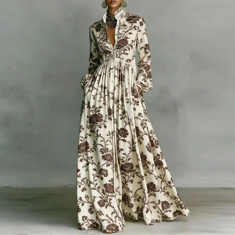 Women's Printed Maxi Dress Stand Collar Long Sleeve Button Front High Waist Bohemian Style