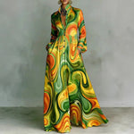Load image into Gallery viewer, Women's Printed Maxi Dress Stand Collar Long Sleeve Button Front High Waist Bohemian Style
