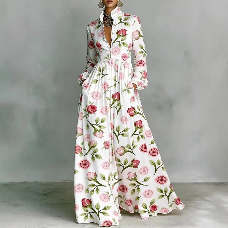 Women's Printed Maxi Dress Stand Collar Long Sleeve Button Front High Waist Bohemian Style