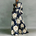 Load image into Gallery viewer, Women's Printed Maxi Dress Stand Collar Long Sleeve Button Front High Waist Bohemian Style
