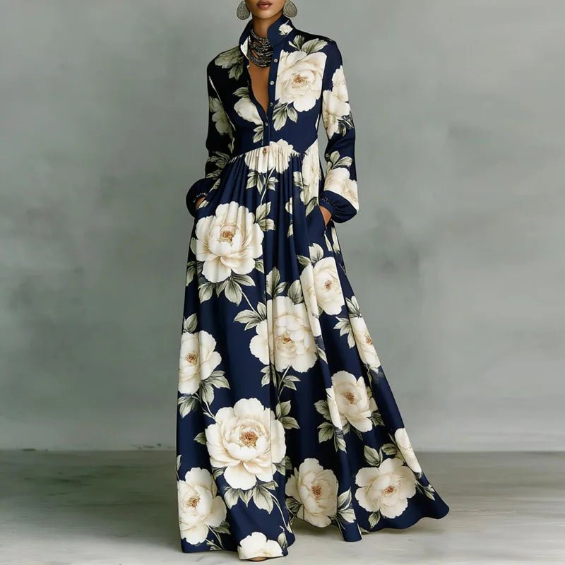 Women's Printed Maxi Dress Stand Collar Long Sleeve Button Front High Waist Bohemian Style