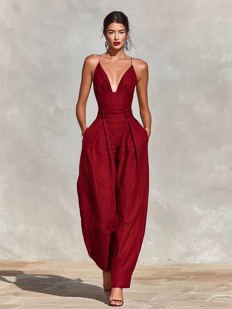 Women's Jumpsuit Deep V Neck Sleeveless Wide Leg Relaxed Formal Style