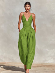 Women's Jumpsuit Deep V Neck Sleeveless Wide Leg Relaxed Formal Style