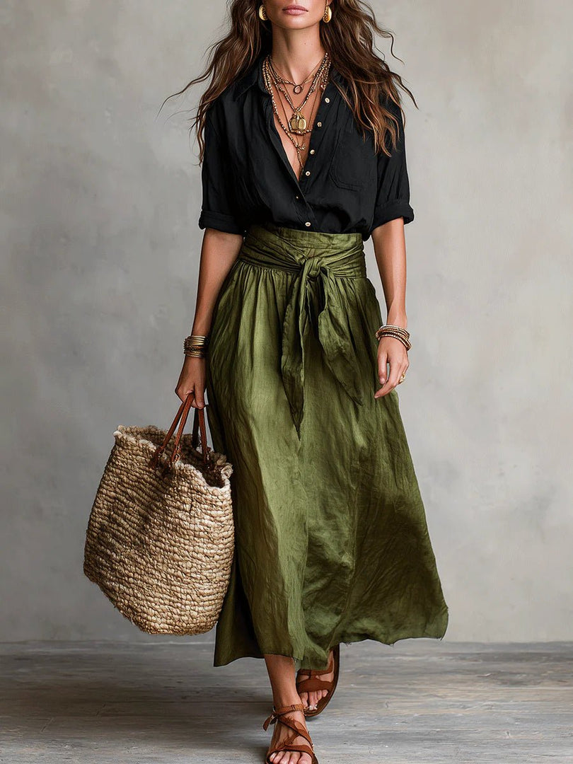 Women's Maxi Skirt Set Button Front Shirt Tie Waist Relaxed Two Piece Style