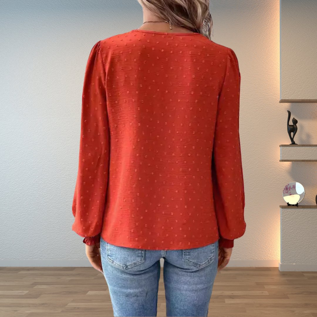 Women's Blouses Lace Bodice V-Neck Smocked Cuff Long Sleeve Style