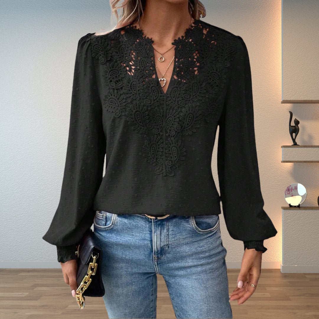 Women's Blouses Lace Bodice V-Neck Smocked Cuff Long Sleeve Style