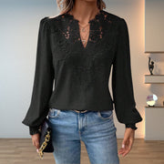 Women's Blouses Lace Bodice V-Neck Smocked Cuff Long Sleeve Style