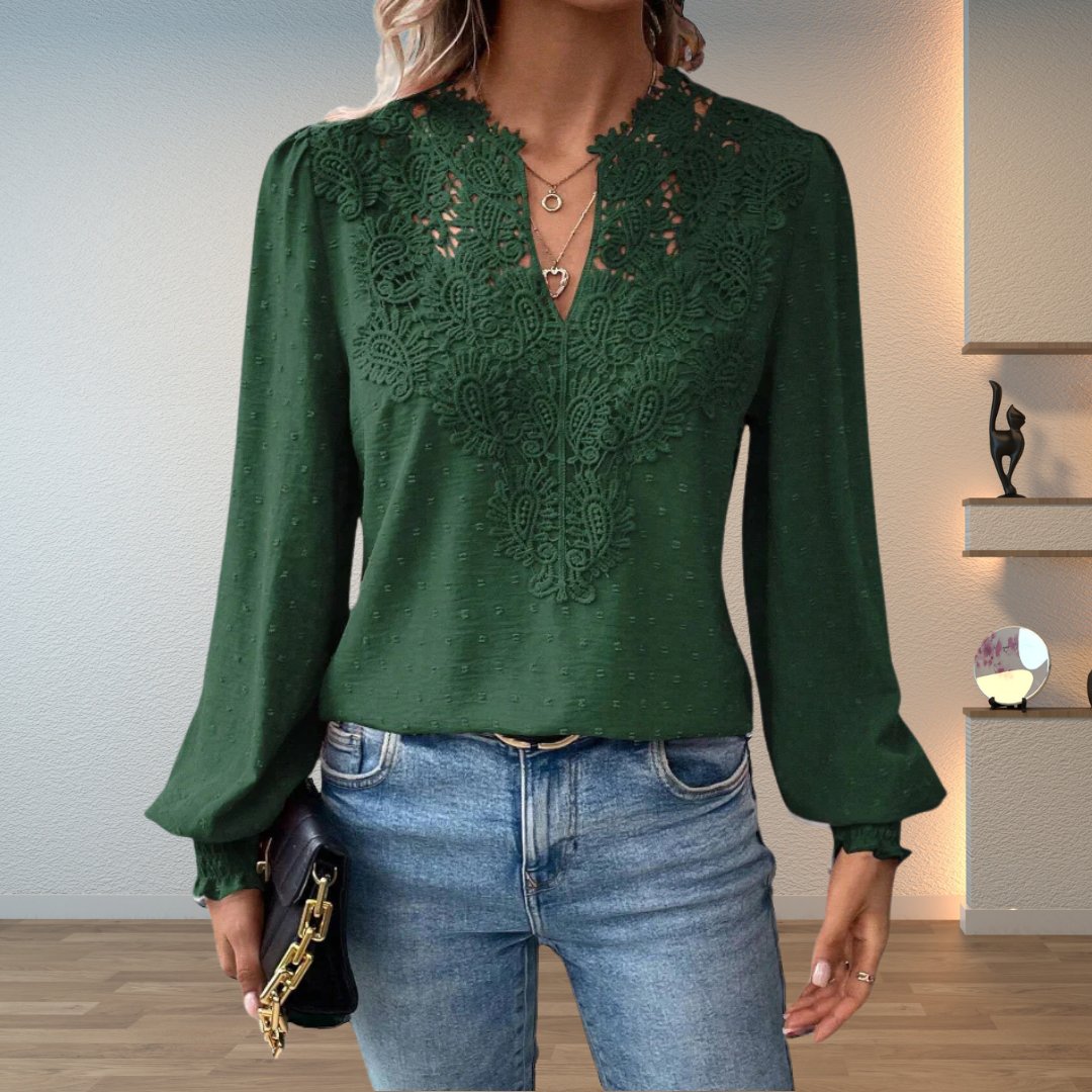 Women's Blouses Lace Bodice V-Neck Smocked Cuff Long Sleeve Style