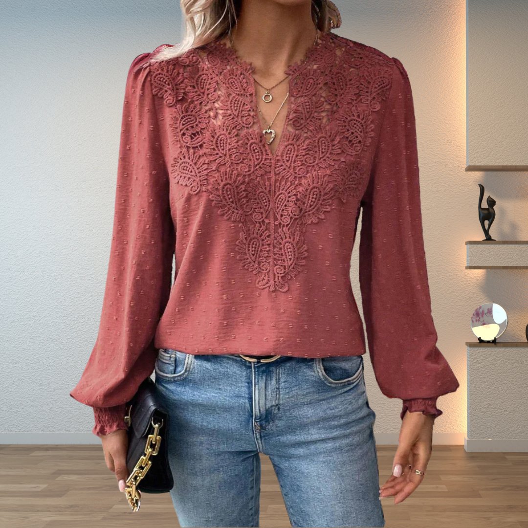 Women's Blouses Lace Bodice V-Neck Smocked Cuff Long Sleeve Style