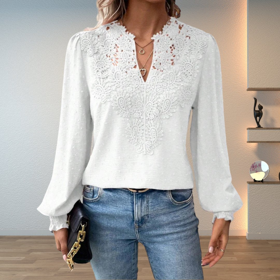 Women's Blouses Lace Bodice V-Neck Smocked Cuff Long Sleeve Style