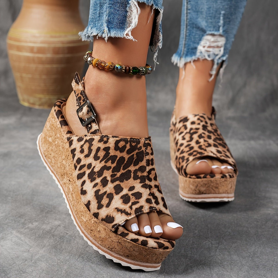 Women's Platform Sandals Leopard Print Buckle Strap Wedge Style