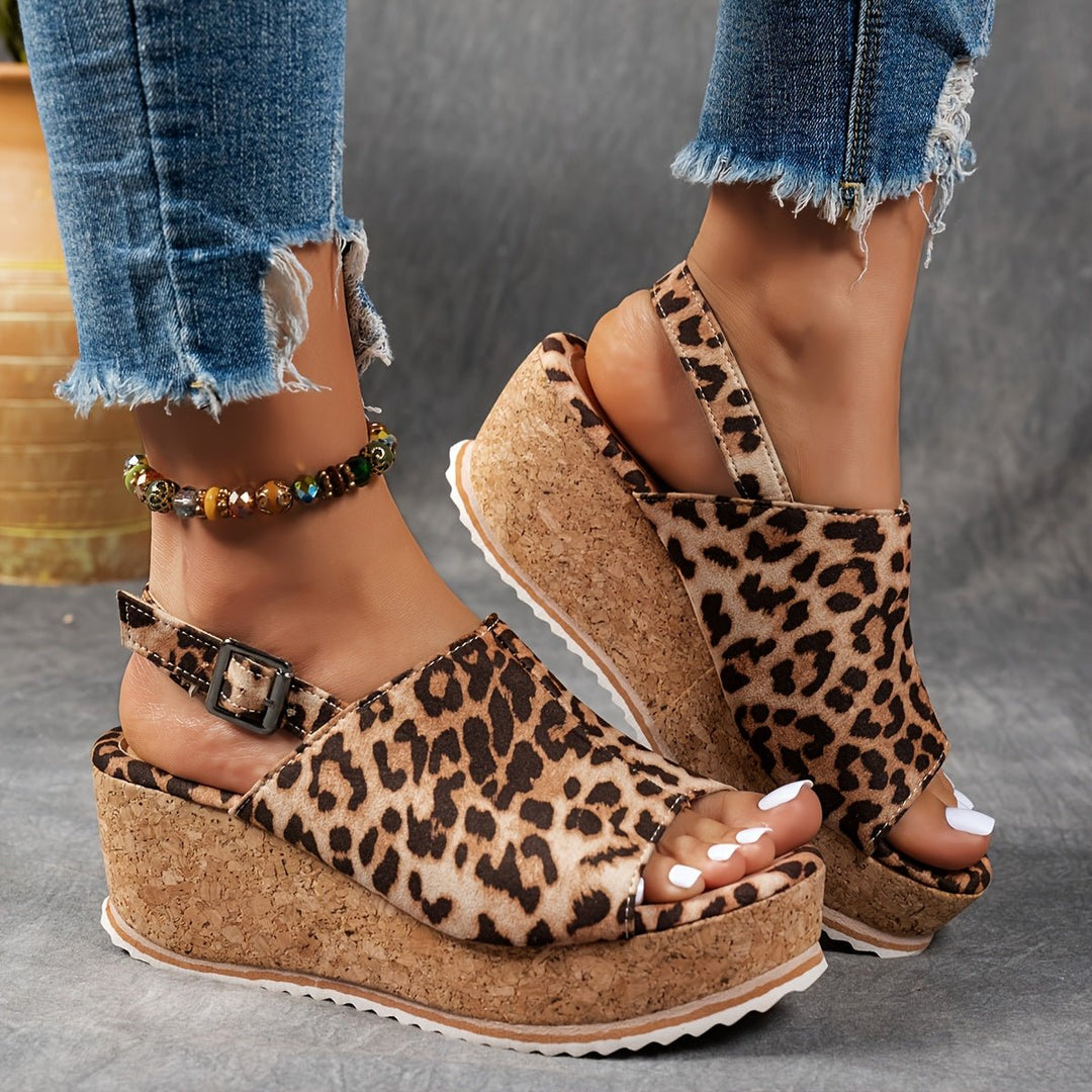 Women's Platform Sandals Leopard Print Buckle Strap Wedge Style