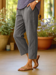 Women's Linen Pants Elastic Waist Cropped Tapered Relaxed Casual Style