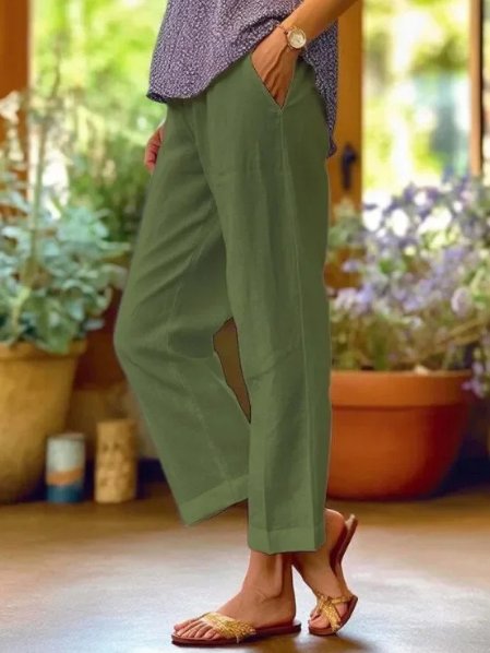 Women's Linen Pants Elastic Waist Cropped Tapered Relaxed Casual Style