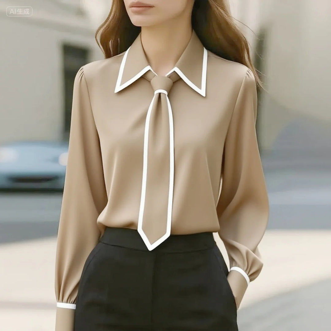 Women's Blouses Long Sleeve Contrast Trim Tie Neck Button-Down