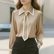 Women's Blouses Long Sleeve Contrast Trim Tie Neck Button-Down