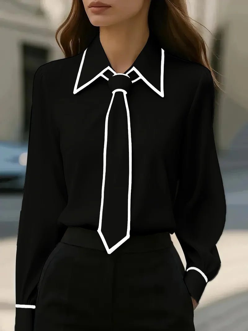 Women's Blouses Long Sleeve Contrast Trim Tie Neck Button-Down