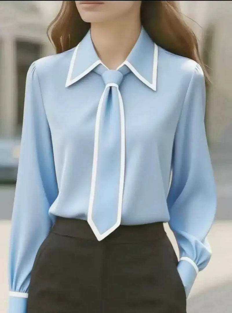 Women's Blouses Long Sleeve Contrast Trim Tie Neck Button-Down