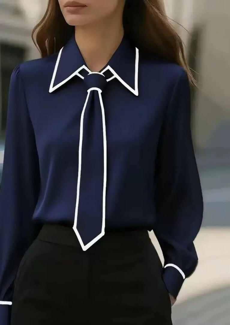 Women's Blouses Long Sleeve Contrast Trim Tie Neck Button-Down