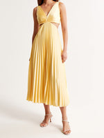 Load image into Gallery viewer, Women's Yellow Maxi Dress Pleated Skirt Cut-Out Waist Formal Wedding Guest Style
