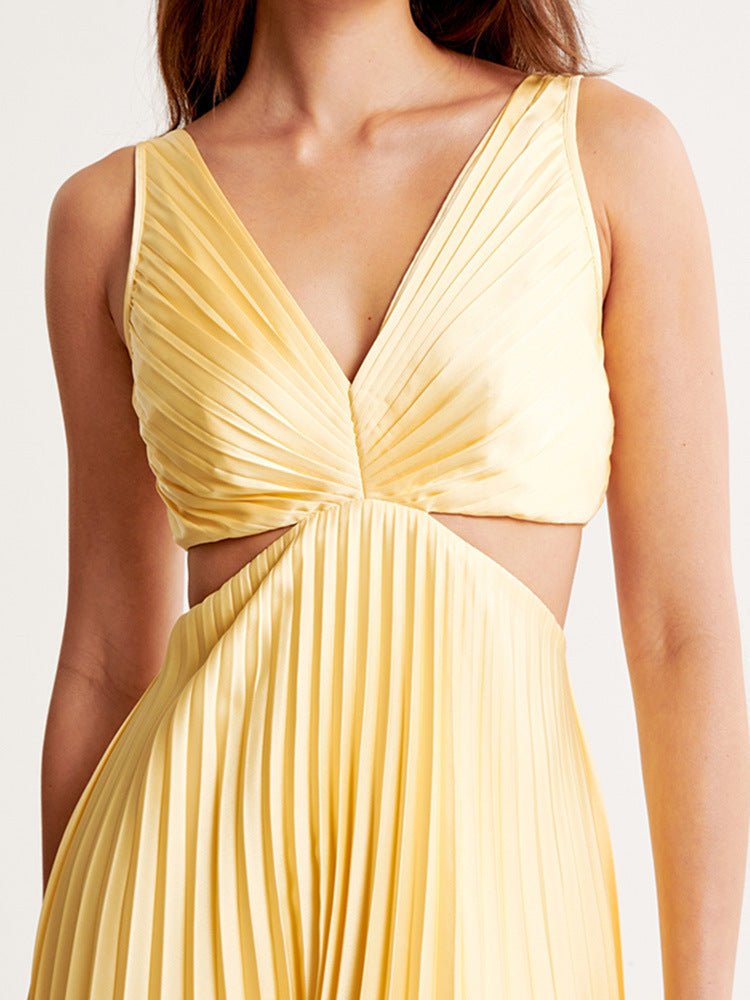 Women's Yellow Maxi Dress Pleated Skirt Cut-Out Waist Formal Wedding Guest Style