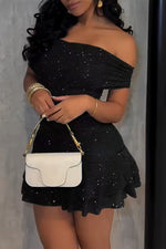 Load image into Gallery viewer, Women's Mini Dress Off Shoulder Ruffle Hem Glitter Cocktail Style
