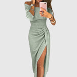 Load image into Gallery viewer, Women's Green Wedding Guest Dress One Shoulder Ruched Side Split Midi Formal Style
