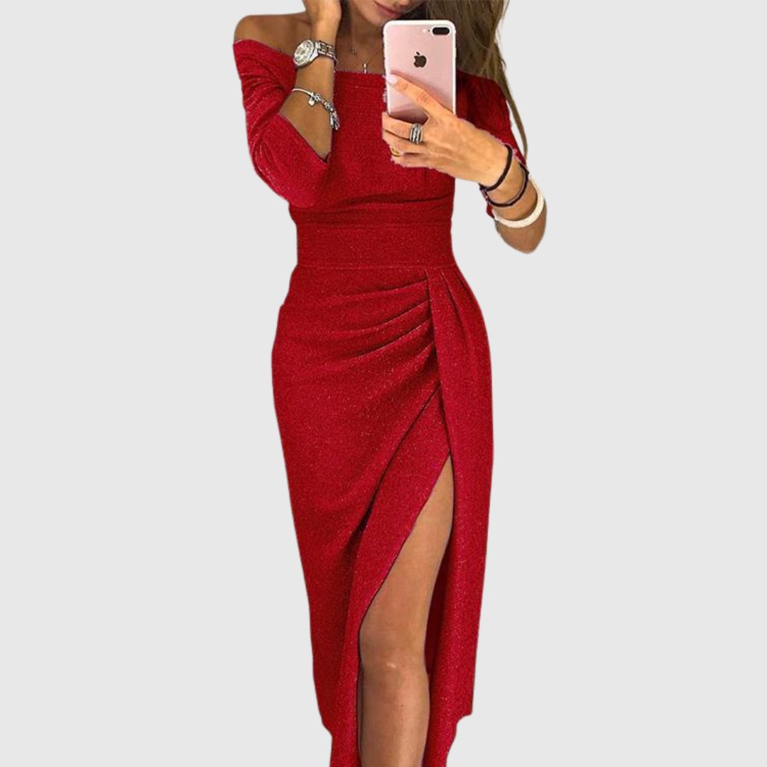 Women's Green Wedding Guest Dress One Shoulder Ruched Side Split Midi Formal Style