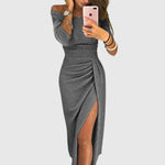 Load image into Gallery viewer, Women's Green Wedding Guest Dress One Shoulder Ruched Side Split Midi Formal Style
