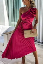 Load image into Gallery viewer, Women's Satin Maxi Dress One Shoulder Pleated Floral Brooch Formal Wedding Guest Style
