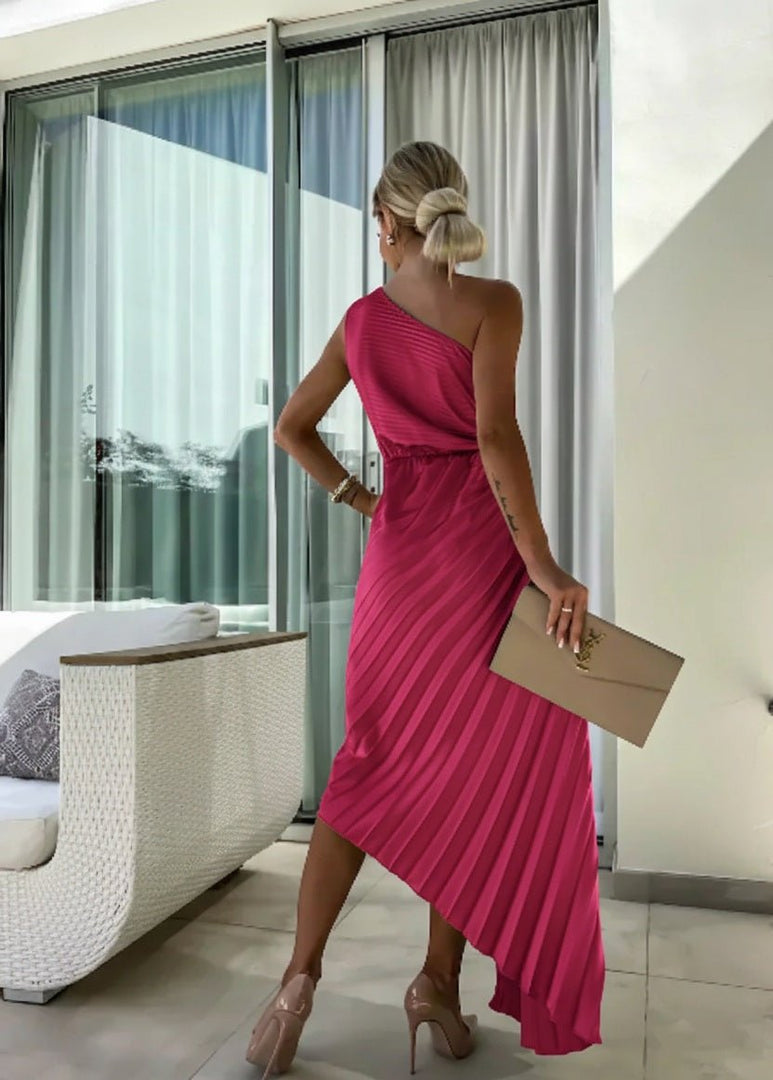 Women's Satin Maxi Dress One Shoulder Pleated Floral Brooch Formal Wedding Guest Style