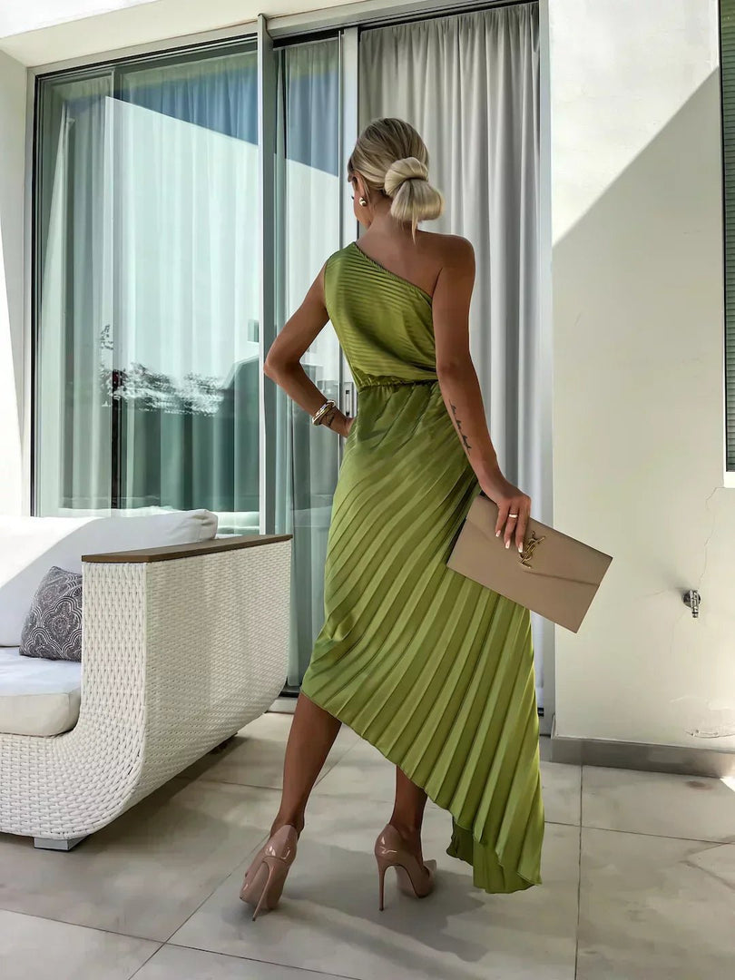 Women's Satin Maxi Dress One Shoulder Pleated Floral Brooch Formal Wedding Guest Style