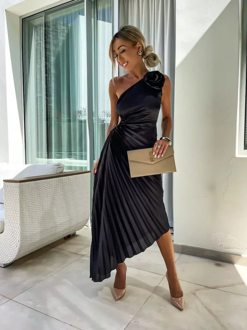 Women's Satin Maxi Dress One Shoulder Pleated Floral Brooch Formal Wedding Guest Style