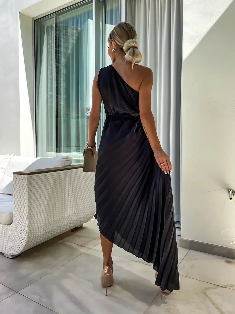 Women's Satin Maxi Dress One Shoulder Pleated Floral Brooch Formal Wedding Guest Style
