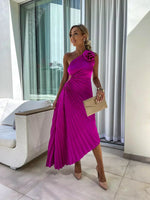 Load image into Gallery viewer, Women's Satin Maxi Dress One Shoulder Pleated Floral Brooch Formal Wedding Guest Style
