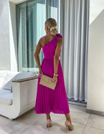 Load image into Gallery viewer, Women's Satin Maxi Dress One Shoulder Pleated Floral Brooch Formal Wedding Guest Style
