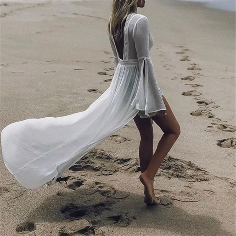 Women's White Maxi Dress Open Back Flowy Kimono Tunic Cover-Up Style