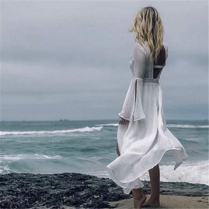 Women's White Maxi Dress Open Back Flowy Kimono Tunic Cover-Up Style